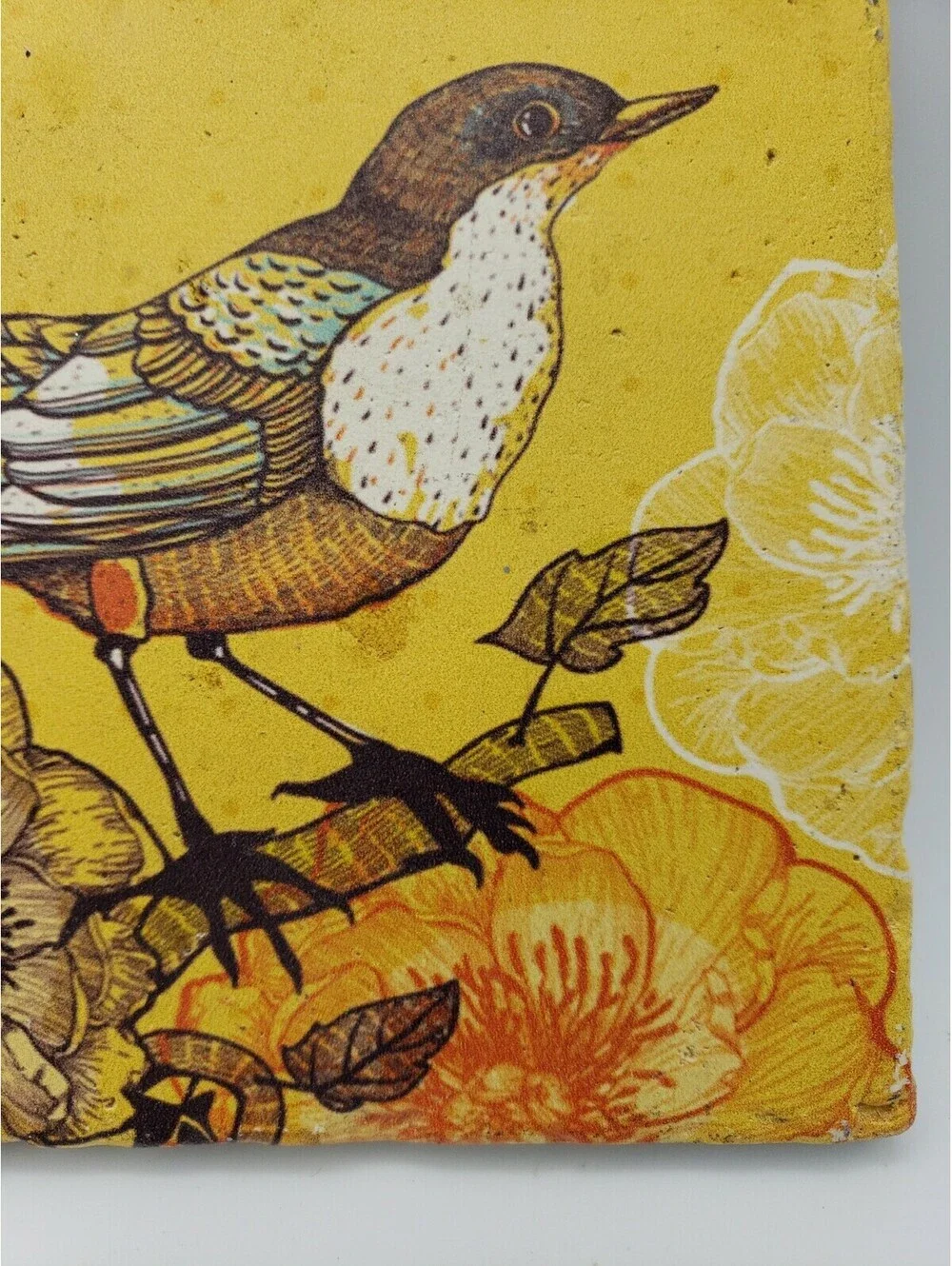 Vintage PPD Tile Trivet Bird Sparrow Flowers Golden Yellow Rustic Ceramic